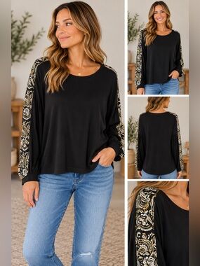 W5 Black Boho Paisley Print Sleeve Top Long Sleeve Relaxed Fit